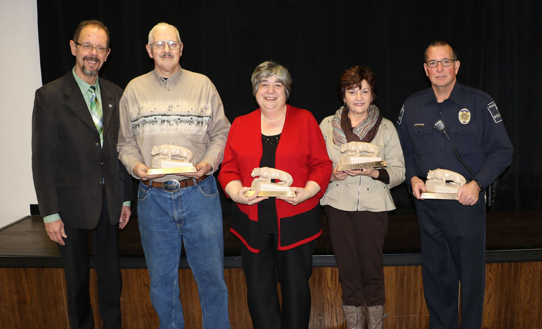 Penn State Hazleton recognized four longtime employees who are retiring at the end of 2016. From left: Chancellor Gary Lawler, Matthew “Gene” Broyan, Sue Ann Cervasio, Donna Ellis and Michael Conway.