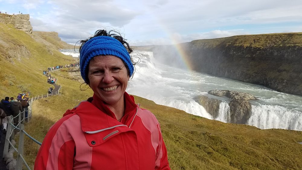 Sherry Robinson, associate professor of business at Penn State Hazleton, spent the fall 2016 semester at Bifrost University in Iceland as a Fulbright recipient. Here she stands in front of the Gullfoss waterfall in the Golden Circle cluster.