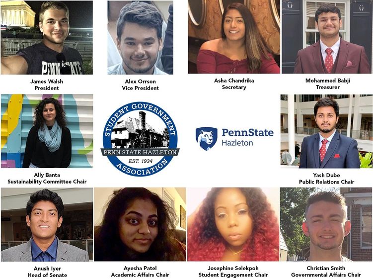 Penn State Hazleton 2020-2021 Student Government Association Penn State Hazleton logo and Student Government Association logos surrounded by head shots of new chairs/officers.