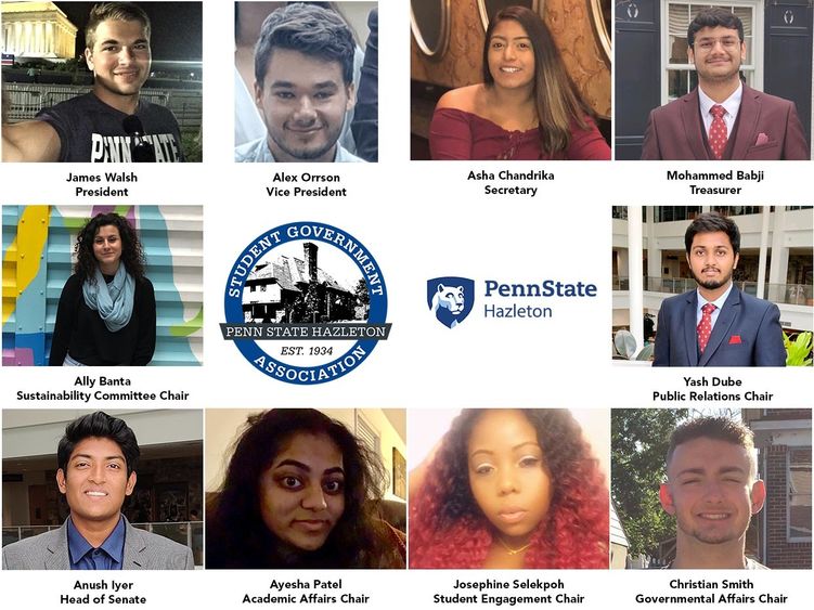 Penn State Hazleton logo and Student Government Association logos surrounded by head shots of new chairs/officers.