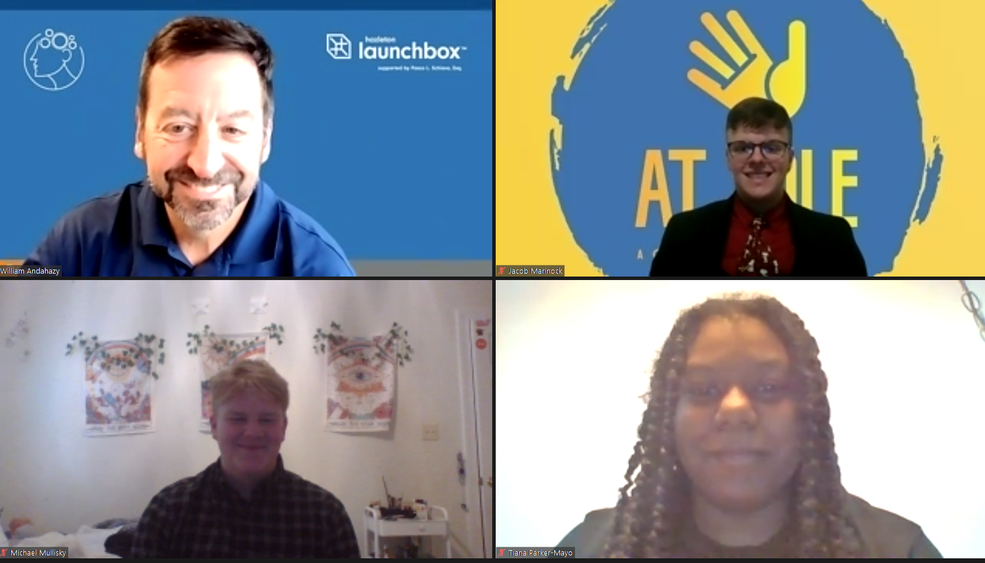 Three students and an instructor smiling in an online conference room.